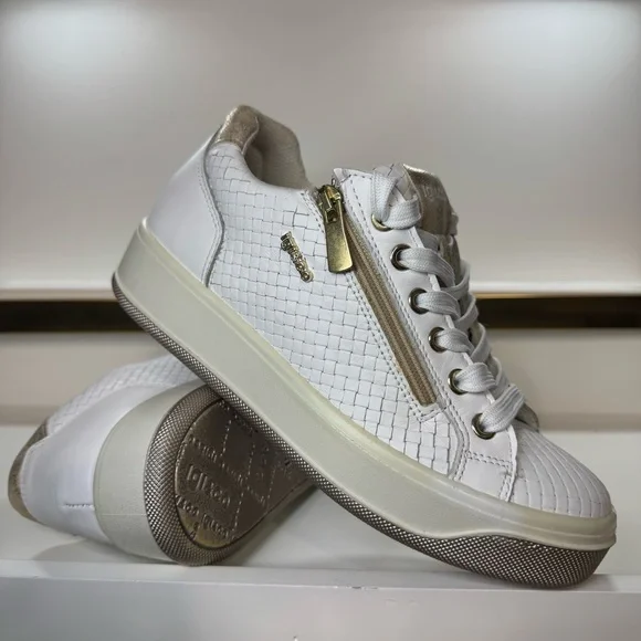 Igi & Co White Woven Leather Platform Sneakers Zip Side Gold Accents Sz Womens 7 - Picture 4 of 16